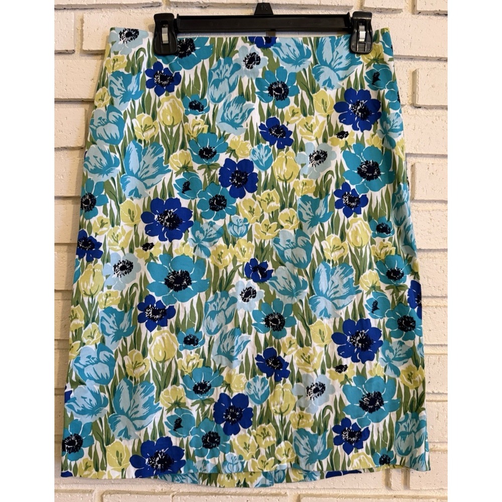 Talbots Retro Floral Pencil Skirt Sz 10 Blue Green Cotton Stretch Career Preppy